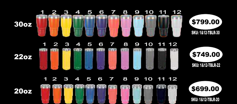 Tumbler colors and sizes